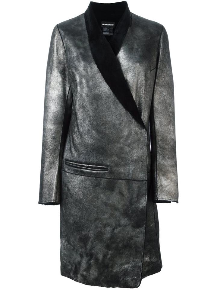 Ann Demeulemeester Shawl Collar Wrap Coat, Women's, Size: 38, Grey, Leather/lamb Fur/cotton