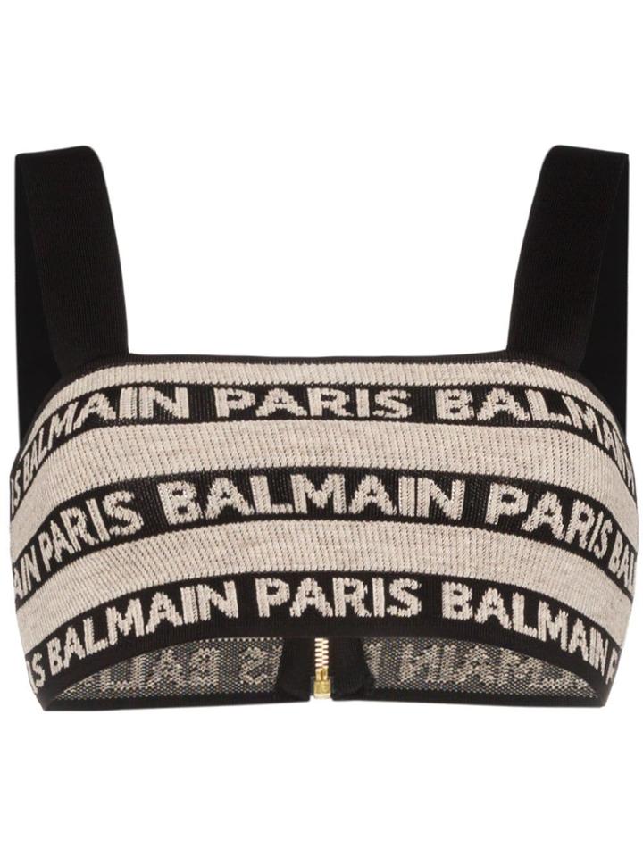 Balmain Striped Logo Knitted Linen Blend Bra - Black