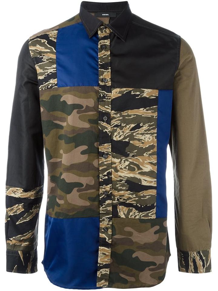Diesel Camouflage Patchwork Shirt, Men's, Size: Small, Green, Cotton/polyamide
