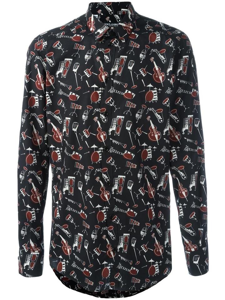 Dolce & Gabbana Musical Instrument Print Shirt, Men's, Size: 40, Black, Cotton