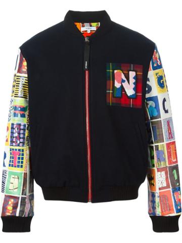 Kit Neale Alphabet Print Sleeve Bomber Jacket, Men's, Size: Medium, Blue, Leather/wool