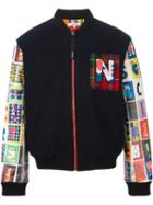 Kit Neale Alphabet Print Sleeve Bomber Jacket, Men's, Size: Medium, Blue, Leather/wool