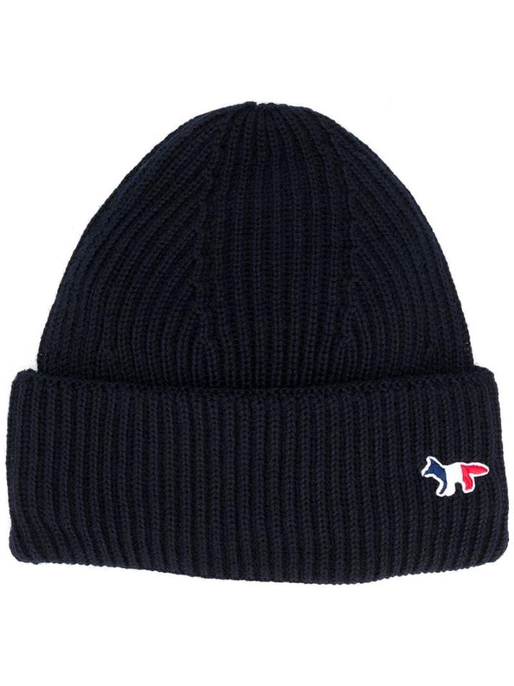 Maison Kitsuné Fox Patch Knitted Hat - Blue