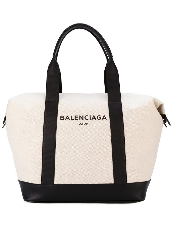 Balenciaga Logo Tote, Men's, White, Cotton/leather