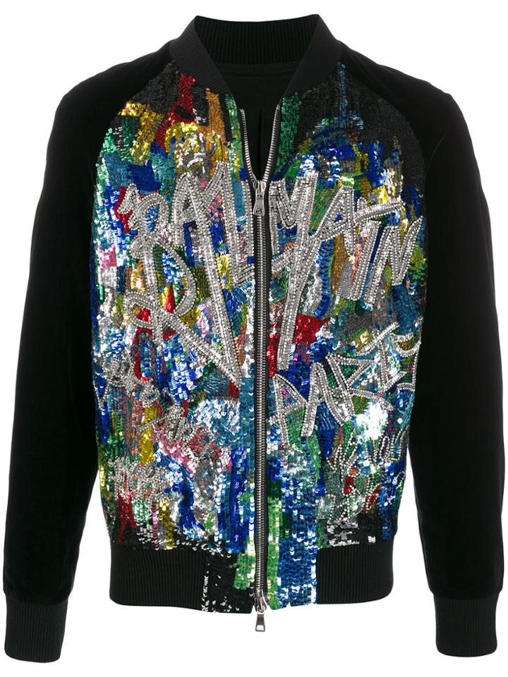 Balmain Graphic Sequin Detail Bomber Jacket - Black