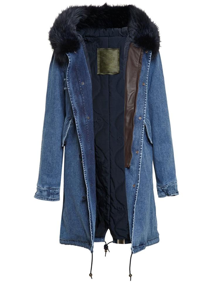 Mr & Mrs Italy Long Fur Trimmed Denim Parka - Blue