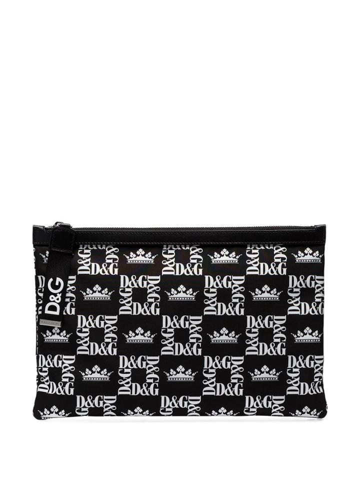 Dolce & Gabbana Black Crown Print Canvas Pouch Bag