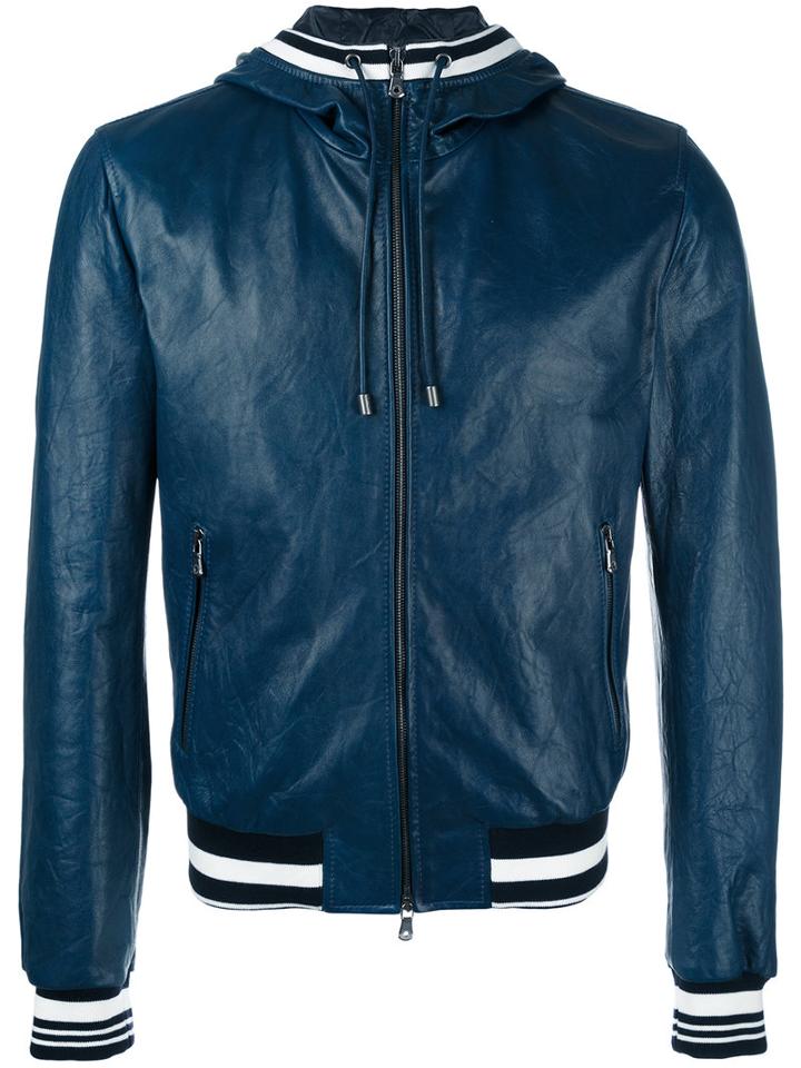Dolce & Gabbana Leather Hooded Jacket, Men's, Size: 46, Blue, Lamb Skin/triacetate/acetate/polyamide