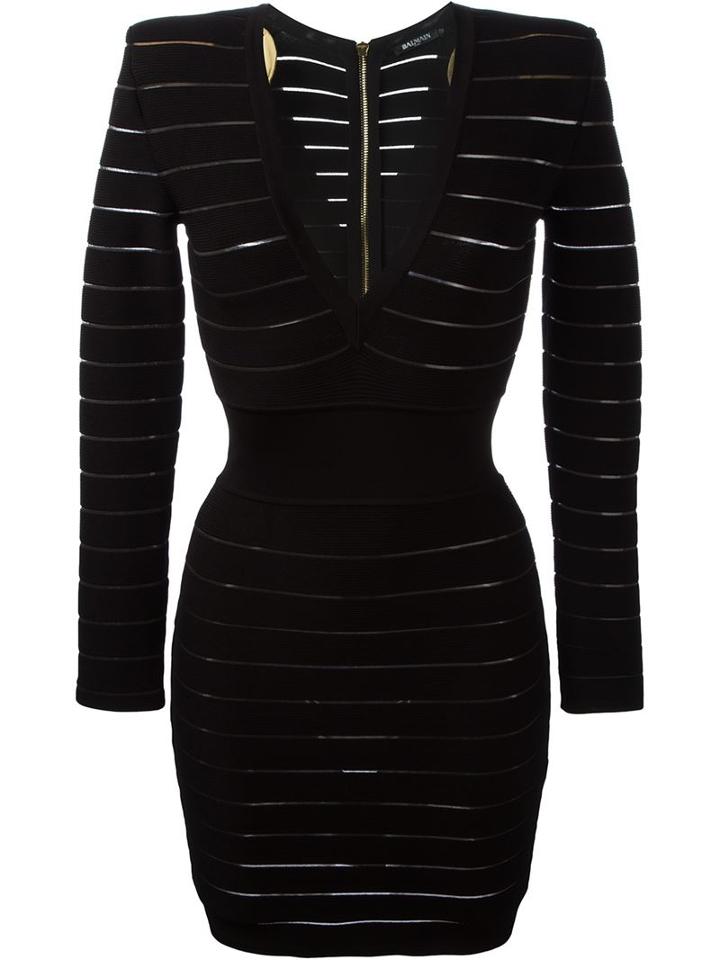 Balmain Deep V Neck Fitted Dress, Women's, Size: 38, Black, Viscose/polyamide/spandex/elastane