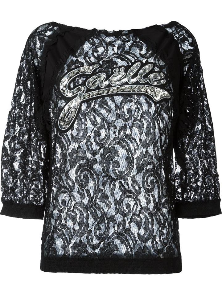Gaelle Bonheur Sequin Logo Lace Top, Women's, Size: 0, Black, Cotton/viscose/nylon