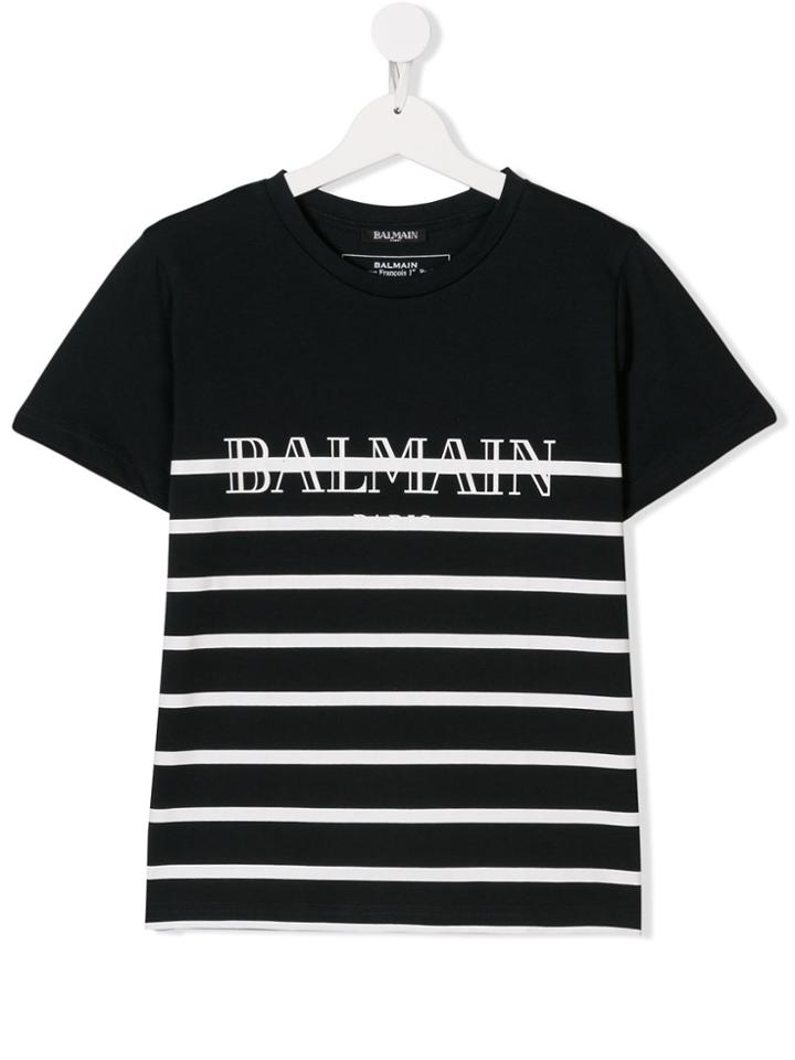 Balmain Kids Logo Printed Striped T-shirt - Blue