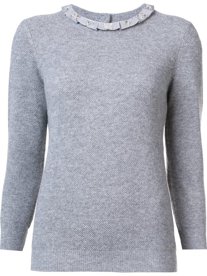 Carolina Herrera Embellished Frill Collar Jumper, Women's, Size: Medium, Grey, Cashmere