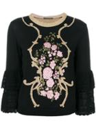 Alberta Ferretti - Floral Frill Sleeve Top - Women - Virgin Wool - 44, Black, Virgin Wool