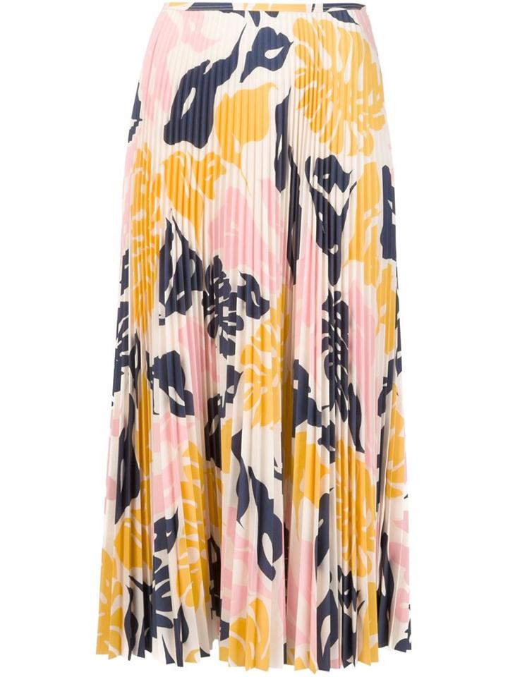 Cédric Charlier Leaf Print Pleated Skirt, Women's, Size: 42, White, Polyester