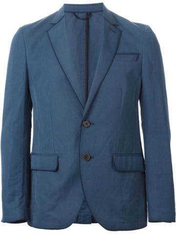 Maison Lvchino Piped Trim Blazer, Men's, Size: 52, Blue, Linen/flax/polyamide/cotton/viscose
