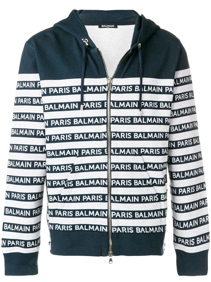 Balmain Striped Logo Hoodie - Blue
