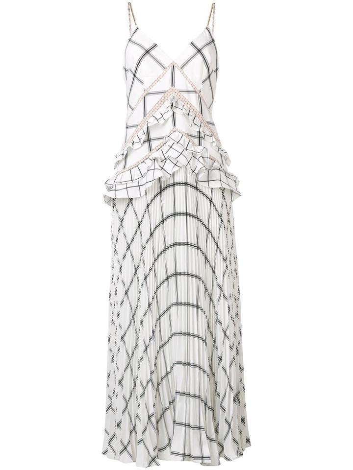 Self-portrait Checked Pleated Long Dress - White