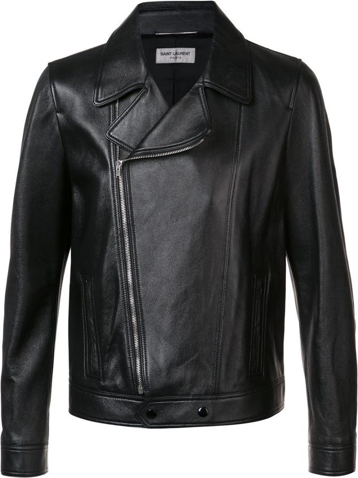 Saint Laurent Leather Motorcycle Jacket, Men's, Size: 50, Black, Cotton/cupro/lamb Skin