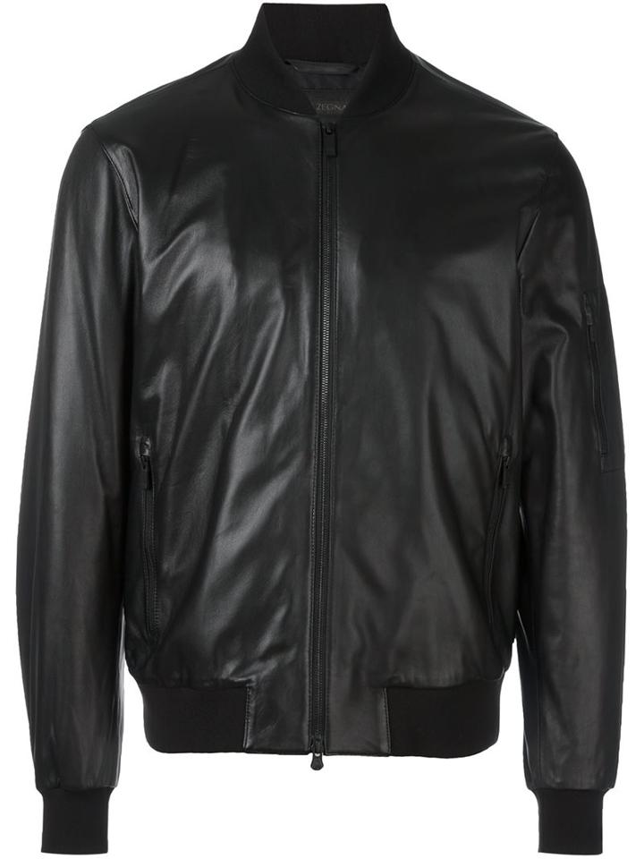 Z Zegna Zipped Bomber Jacket, Men's, Size: Large, Black, Lamb Skin/polyester/polyamide