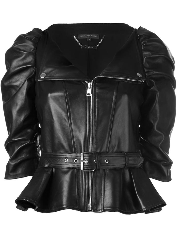 Alexander Mcqueen Ruched Sleeve Leather Jacket, Women's, Size: 42, Black, Silk/lamb Skin