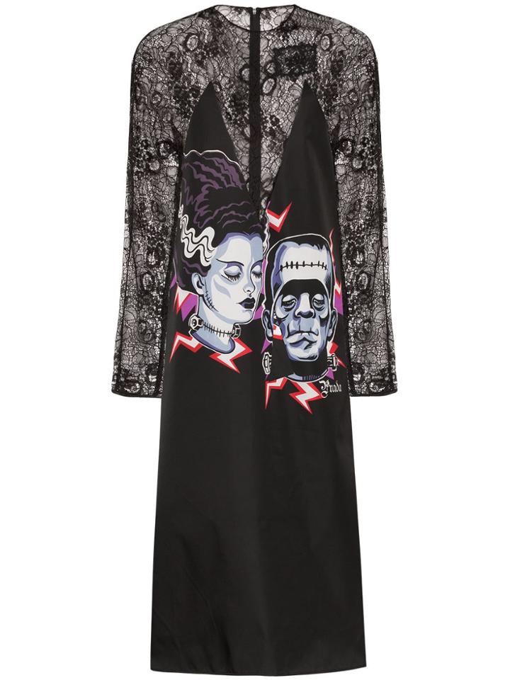 Prada Prada Drs Cn Ls Lce W Frnkstn Prnt Midi - Black