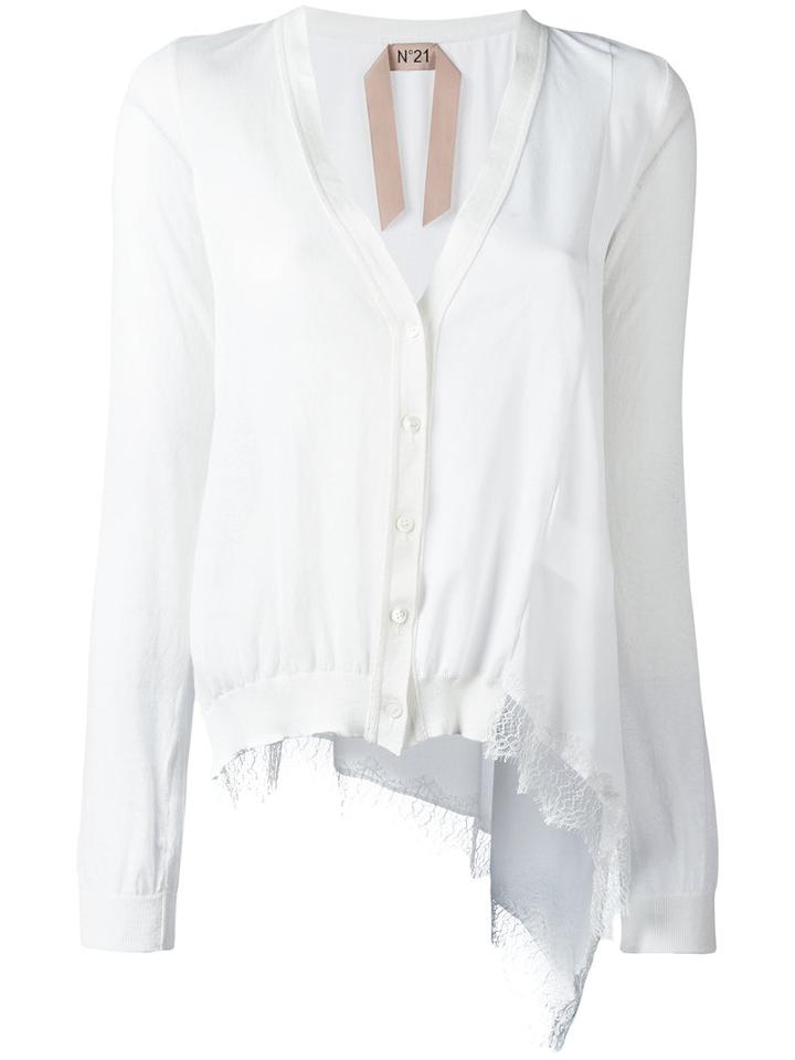 No21 Asymmetric Lace Hem Cardigan, Women's, Size: 42, White, Silk/cotton/polyamide/cotton
