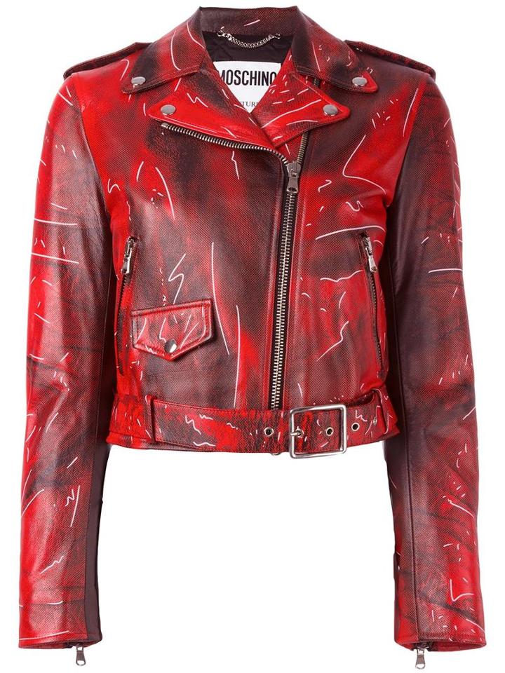 Moschino Trompe-l'oeil Biker Jacket, Women's, Size: 40, Red, Sheep Skin/shearling/polyester/rayon