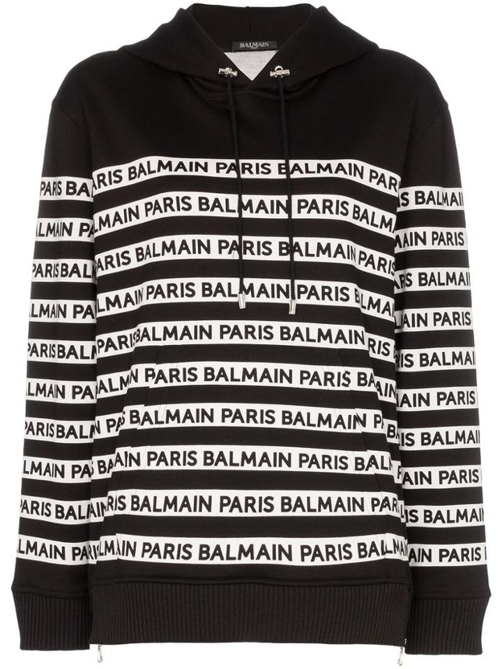 Balmain Logo Print Tape Cotton Hoodie - Black