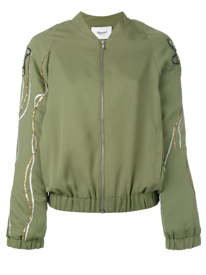 Blugirl Floral Sequin Sleeve Bomber Jacket, Women's, Size: 42, Green, Polyester/acrylic/glass