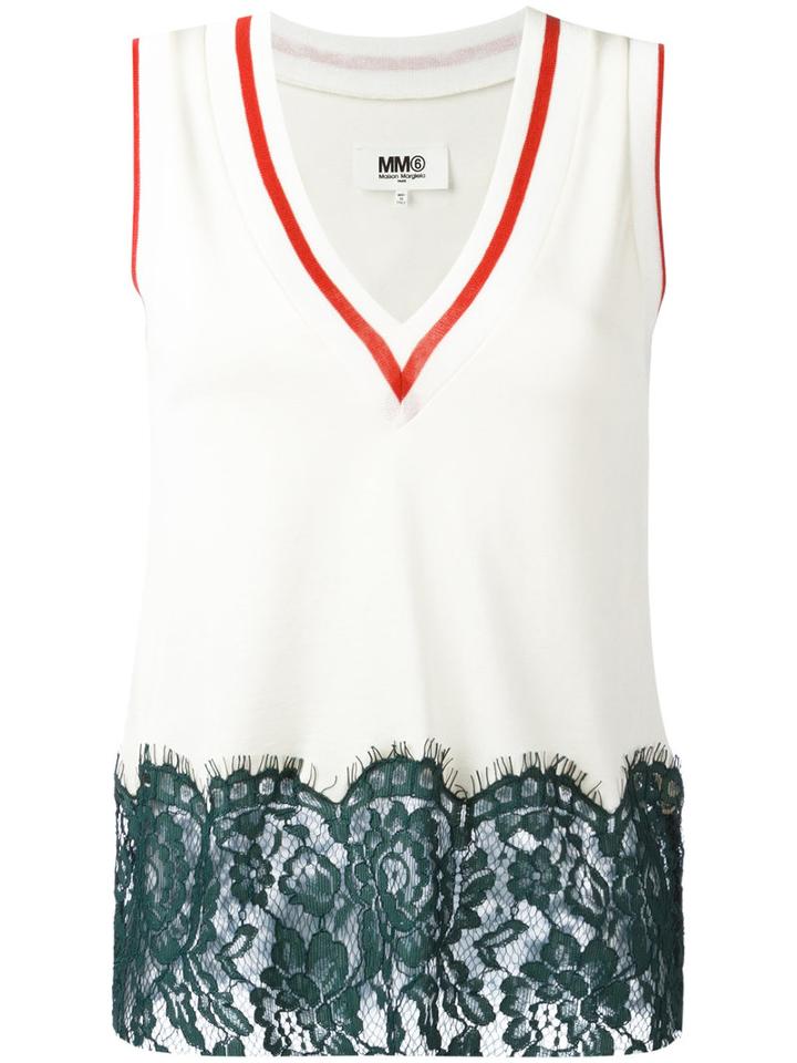 Mm6 Maison Margiela - Lace Hem Vest Top - Women - Cotton/viscose/polyimide - Xs, Women's, Nude/neutrals, Cotton/viscose/polyimide