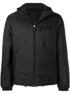 Prada Hooded Logo Plaque Jacket - Black