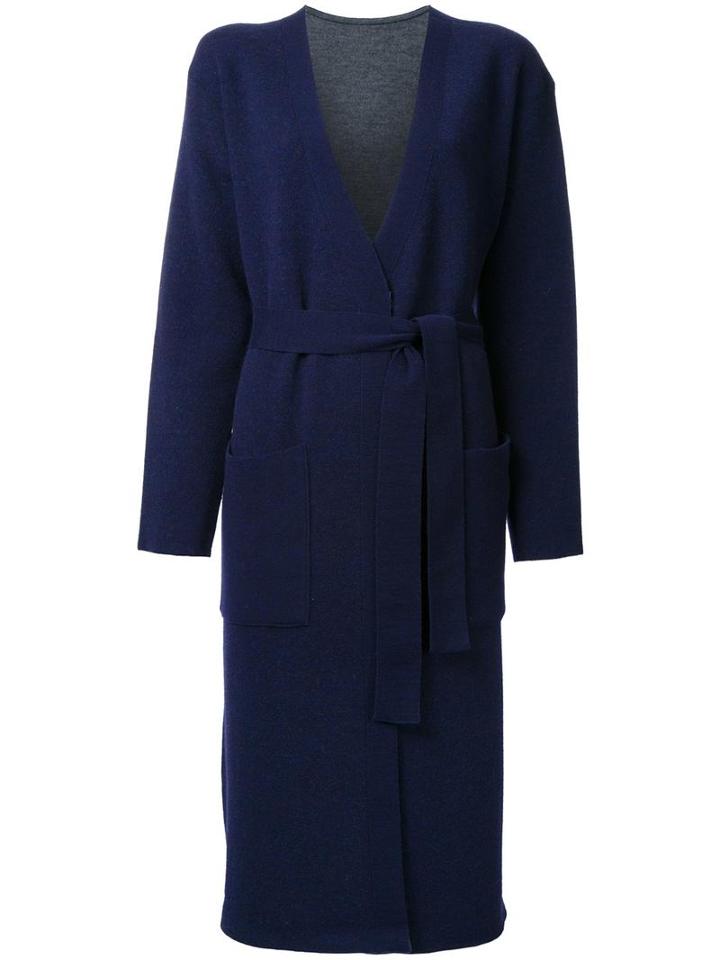 En Route Belted Long Knitted Coat, Women's, Blue, Wool