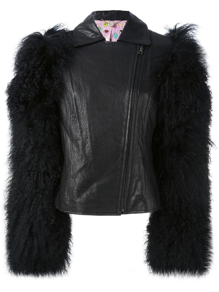 Charlotte Simone Shearling Sleeve Biker Jacket, Women's, Size: S/m, Black, Leather/lamb Fur/silk/cotton