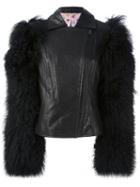 Charlotte Simone Shearling Sleeve Biker Jacket, Women's, Size: S/m, Black, Leather/lamb Fur/silk/cotton