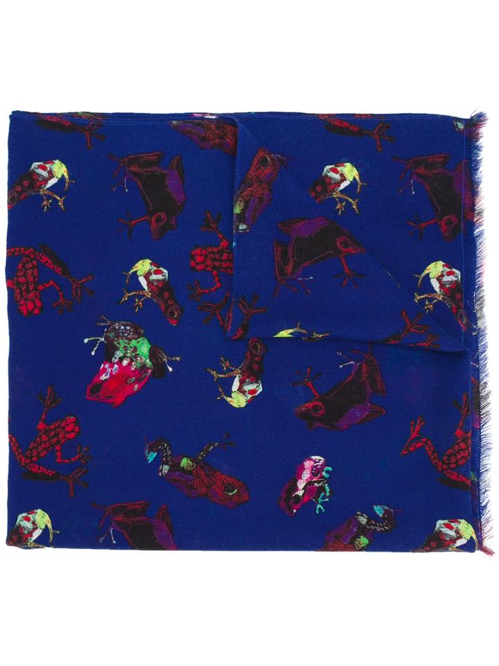 Paul Smith Frog Print, Fringed Scarf, Men's, Blue, Wool