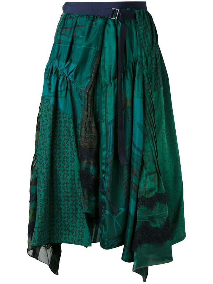 Sacai - Pleated Skirt - Women - Silk/nylon/polyester/rayon - 3, Green, Silk/nylon/polyester/rayon