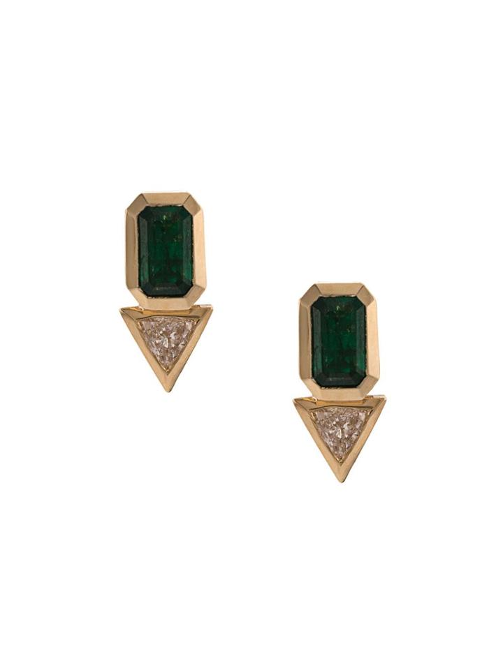 Azlee 18kt Yellow Gold Emerald And Trillion Diamond Studs