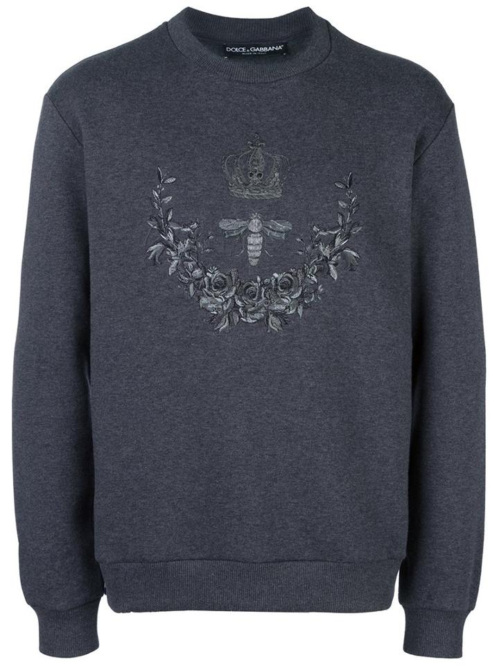 Dolce & Gabbana Crown & Bee Embroidered Sweatshirt, Men's, Size: 52, Grey, Cotton/polyester