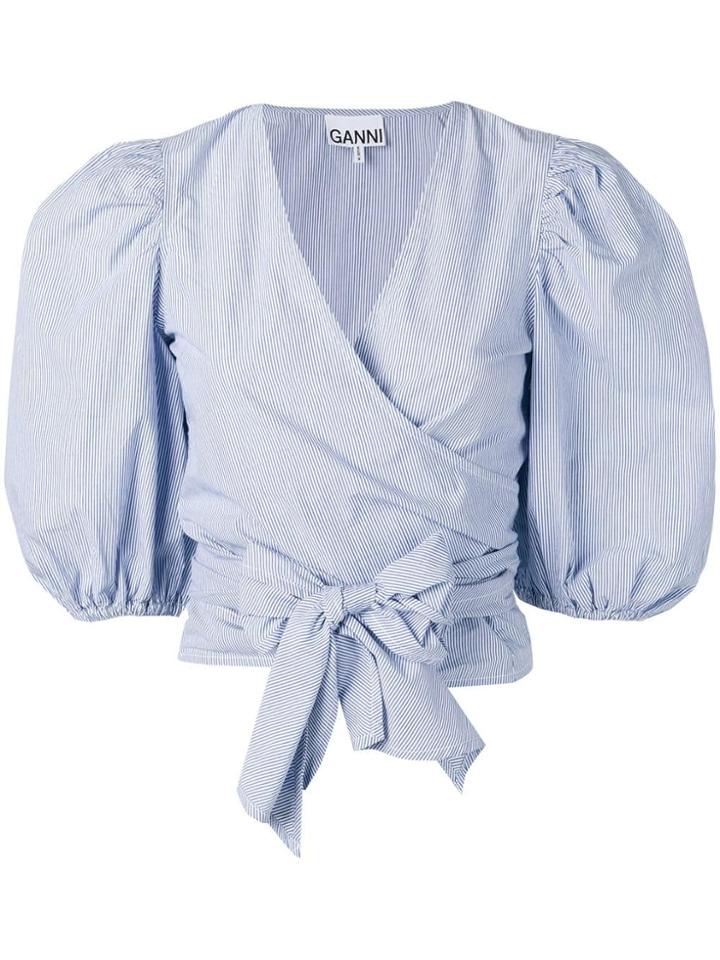 Ganni Stripe Wrap Front Blouse - Blue