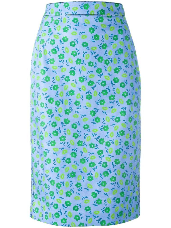 Prada Floral Print Skirt, Women's, Size: 38, Blue, Cotton/spandex/elastane
