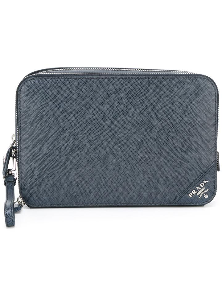 Prada Double Zips Clutch, Men's, Blue, Leather