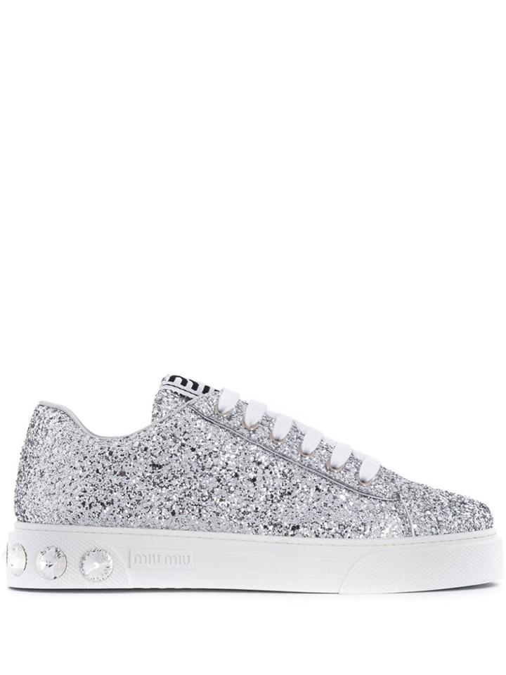 Miu Miu Glitter Fabric Sneakers - Silver
