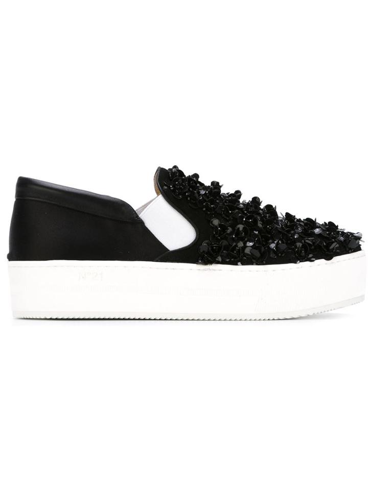 No21 Embellished Slip-on Sneakers, Women's, Size: 39, Black, Silk/leather/pvc/calf Leather