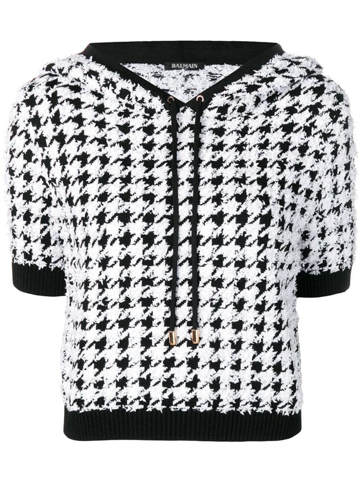 Balmain Houndstooth Print Hooded Top - White