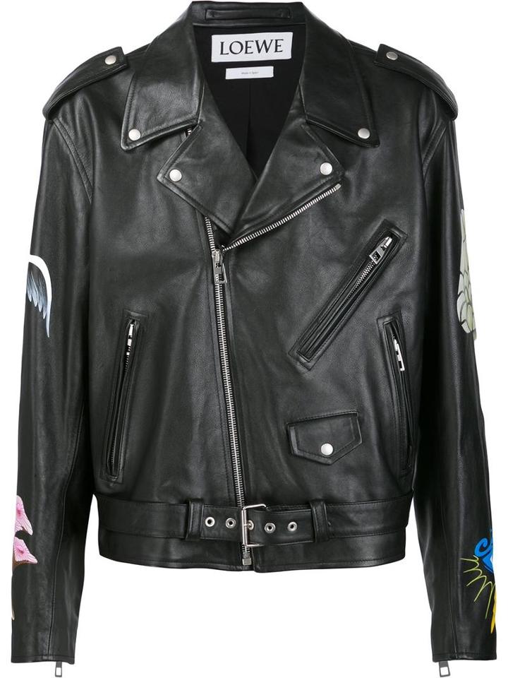 Loewe Printed Patches Biker Jacket, Men's, Size: 56, Black, Cotton/calf Leather/cupro/viscose