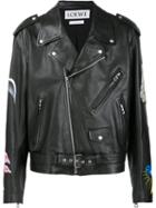 Loewe Printed Patches Biker Jacket, Men's, Size: 56, Black, Cotton/calf Leather/cupro/viscose