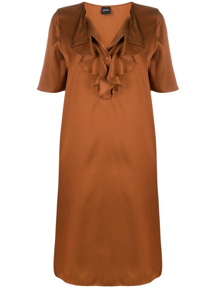 Aspesi Ruffled Neck Silk Dress - Brown