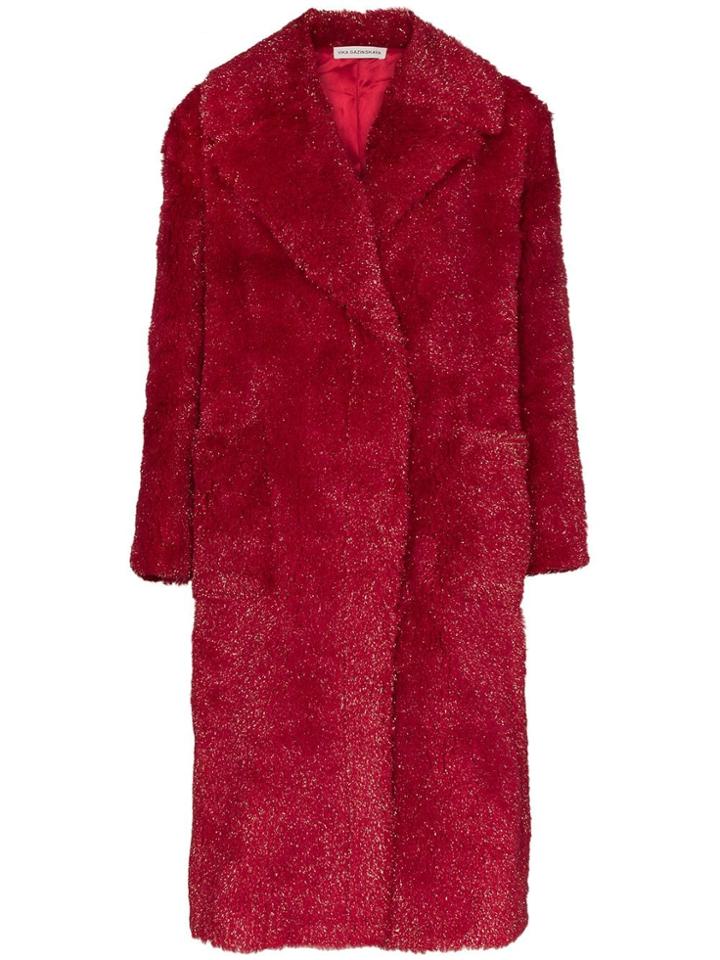 Vika Gazinskaya Long Fox Fur Alpaca Belted Coat - Red