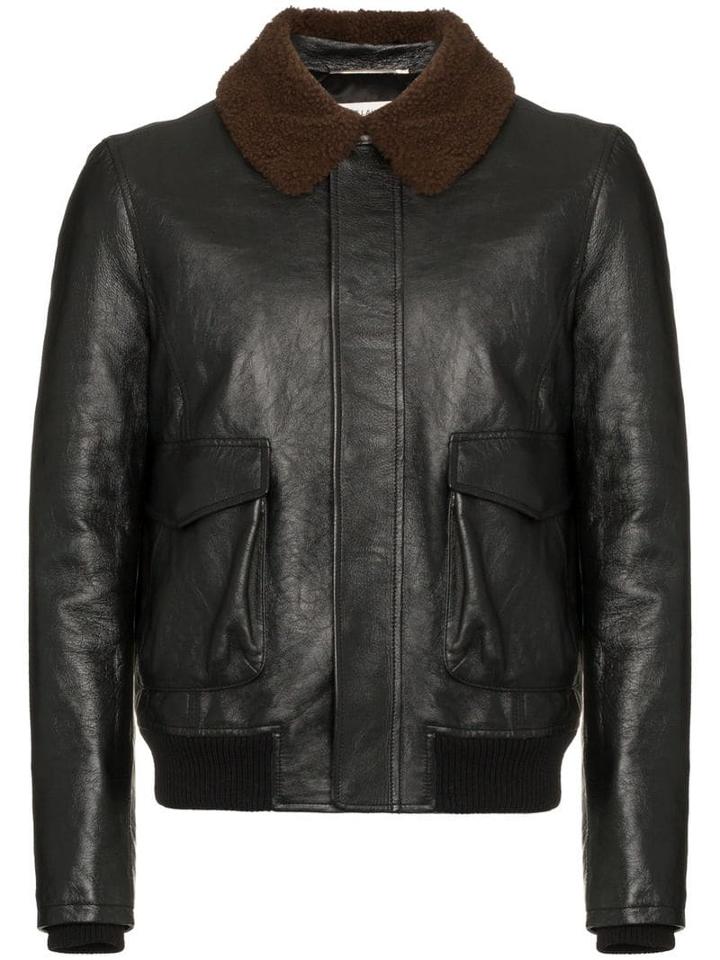 Saint Laurent Shearling Collar Leather Flight Jacket - Black