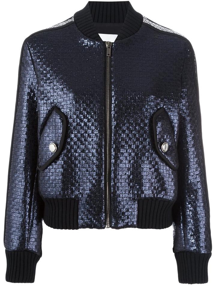 Msgm Cropped Bomber Jacket, Women's, Size: 42, Blue, Acrylic/polyamide/polyester/wool